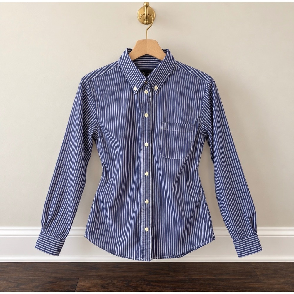 Zara Womens XS Blue White Striped Button Down Shirt Long Sleeve Cotton
